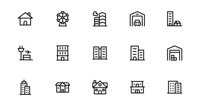 Building Icon Package set Representing Construction, Architecture, Tools, Blueprints, and Urban Development in Simple, Download-Ready Format vector