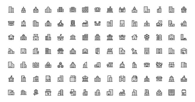 Building Icon Pack Representing Construction, Architecture, Tools, Blueprints, and Urban Development in Simple, Download-Ready Format vector
