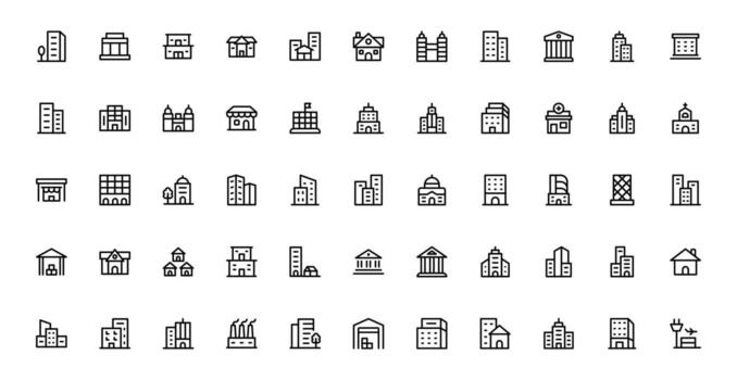 Building Icon Package Representing Construction, Architecture, Tools, Blueprints, and Urban Development in Simple, Download-Ready Format vector