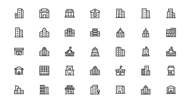Building Icon Set Representing Construction, Architecture, Tools, Blueprints, and Urban Development in Simple, Download-Ready icons vector