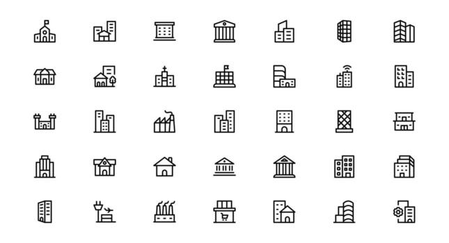 Building Icon Collection Representing Construction, Architecture, Tools, Blueprints, and Urban Development in Simple, Download-Ready Format vector