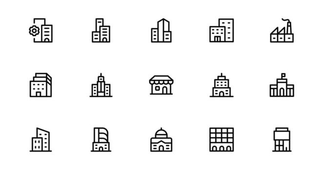 Building Icon Set Representing Construction, Architecture, Tools, Blueprints, and Urban Development in Simple, Download-Ready vector