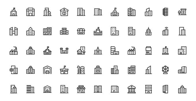 Building Icon Set Representing Construction, Architecture, Tools, Blueprints, and Urban Development in Simple, Download-Ready Format vector