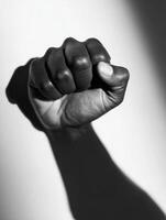 Silhouette of a Clenched Fist Casting a Long Shadow Against a Stark Background in a Dramatic Black and White Composition photo