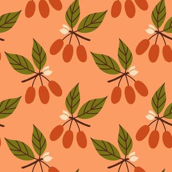 Autumn red berry seamless pattern. Fall isolated berries on orange pink background. Square repeat pattern flat design for fall season. vector