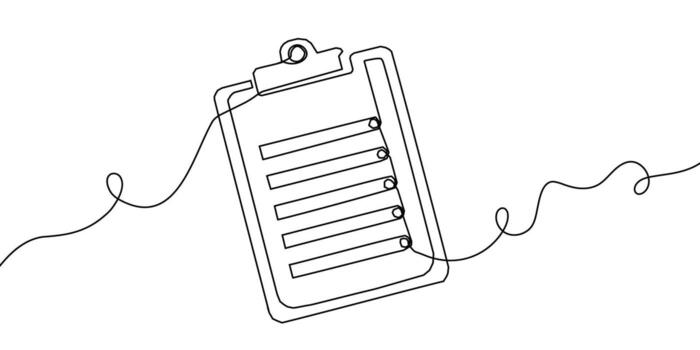 Art line one document icon continuous list illustration single check clipboard. One line art checklist test survey data pen paper business report doodle notebook agenda sketch board form. vector