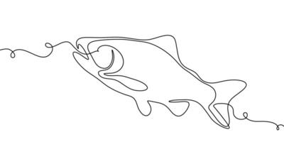 Salmon line fish icon continuous art tuna drawing trout seafood. Line salmon fish hand one simple outline illustration water type food hook linear sea fin pond day sketch silhouette logo ocean. vector