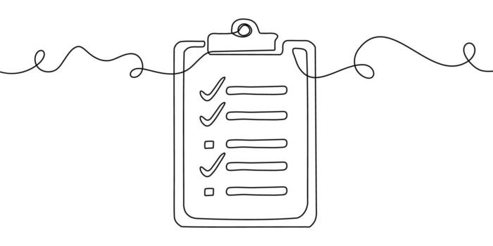 One art line continuous icon document list illustration single check clipboard. Line one art survey data checklist test pen paper business report doodle notebook agenda sketch board form. vector