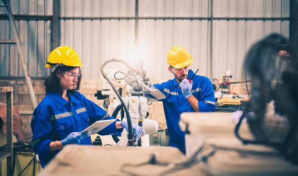 ingenieros mecánico utilizando computadora controlador robótico brazo para soldadura acero en acero fábrica taller. industria robot programación foto