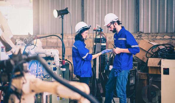 ingenieros mecánico utilizando computadora controlador robótico brazo para soldadura acero en acero fábrica taller. industria robot programación software para automatizado foto