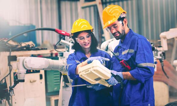 ingenieros mecánico utilizando computadora controlador robótico brazo para soldadura acero en acero fábrica taller. industria robot programación software para automatizado fabricación foto