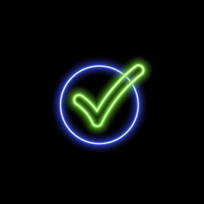 vibrant green circle, signaling completion or approval.neon style. The clean design conveys a sense of rightness and validation.