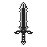 Pixel art sword icon in black and white retro 8 bit weapon symbol for games or digital fantasy adventure interface graphics vector