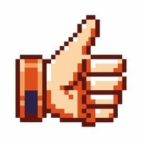 Retro pixel art thumbs up hand gesture 8 bit approval symbol, positive feedback icon, vintage gaming design vector