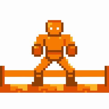 retro píxel robot personaje en pie en plataforma naranja humanoide figura con cuadrado cuerpo y brazos extendido, digital 8 poco vector