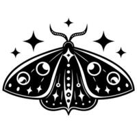 Mystical moth with celestial stars, moon phases and cosmic wings black and white decorative insect illustration vector