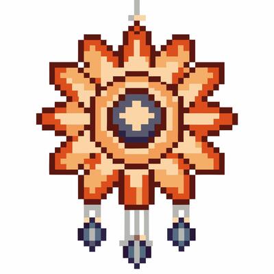 pixel art sun medallion with geometric rays retro digital ornament, orange and beige colors, hanging charm design