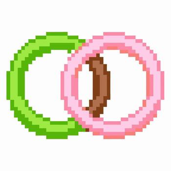 Pixel art interlocking rings, green and pink colors retro gaming style, minimal geometric shape, playful abstract design vector