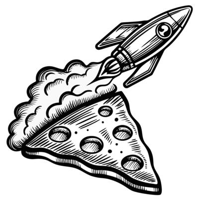 Rocket launching from pizza slice with clouds of smoke fast food delivery, creative space and food fusion concept in sketch