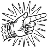 Retro hand illustration pointing right with vintage sunburst lines classic sketch gesture design for direction or attention vector
