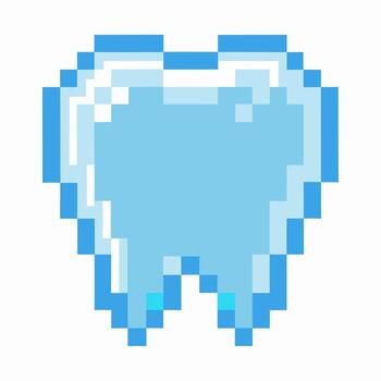 Pixel art tooth icon in blue color digital health, dental hygiene, and game interface concept with simple geometric design vector