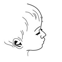 Minimalist line art of a babys side profile, showing closed eyes and soft features. Perfect for baby themed designs, prints, or nursery decor. vector