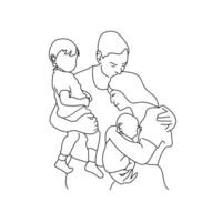 Minimalist one line drawing of a happy family hugging together. Mom, dad, and two kids in loving embrace. Perfect for parenting, family love, and unity concepts. vector