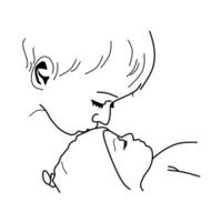 Minimalist line art of a child kissing a baby on the forehead. A tender and heartwarming moment, perfect for family, sibling, or newborn-themed designs. vector