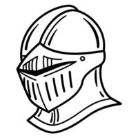 Medieval knight helmet illustration black and white outlined armor headgear, vintage protection gear, historical costume element vector