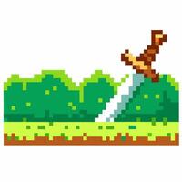 Pixelated fantasy sword in grass landscape retro game, adventure weapon, nature scene, 8 bit digital art vector