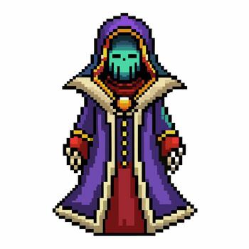 Pixel Art Wizard in Hooded Cloak with Skull Face Retro 8 Bit Fantasy Character Sprite vector