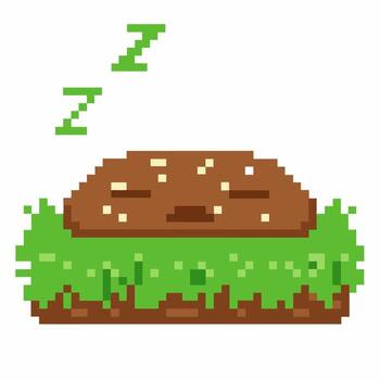 Sleeping pixelated dirt block with grass and floating z's, digital pixel art illustration, retro gaming concept vector