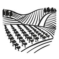 Orchard landscape with rolling hills, farmland rows, cultivated trees, and distant forest scenic rural agriculture view illustration vector
