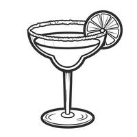 Classic margarita cocktail glass with salted rim and lime slice, hand drawn outline illustration, refreshing summer drink concept vector