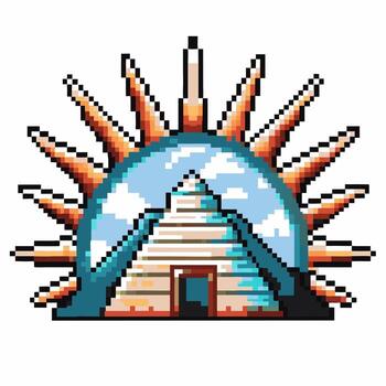 Pixel art pyramid with blue sky background and stylized sunburst rays digital retro illustration, geometric ancient architecture vector