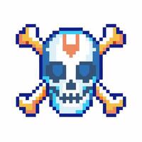 Pixel art skull and crossbones with blue and orange geometric shapes, retro gaming symbol, danger or warning icon vector