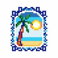 pixel art tropical beach landscape palm tree, sun, and ocean waves in retro game frame, vibrant summer scene vector