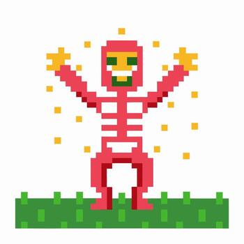 Pixel art red skeleton character cheering with raised arms, smiling face and golden sparkles on green grass, retro game vector