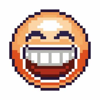 Pixelated happy face emotion with wide toothy grin retro 8 bit laughing smile, digital internet emoticon icon vector