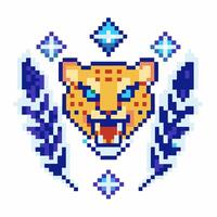Pixel art leopard head with geometric blue feathers and diamond shapes, retro digital animal emblem on white vector