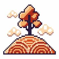 Pixel art autumn tree on geometric hill, stylized landscape with clouds, retro game nature illustration vector