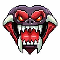 Pixel Art Fierce Monster Head with Red Eyes and Sharp Fangs Retro Gaming Icon vector