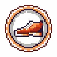 Retro pixel art sneaker icon in circular frame vintage gaming shoe badge, 8 bit fashion symbol, nostalgic design vector