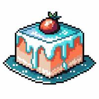 Pixel art cake slice with icing and cherry on plate retro dessert icon, sweet food illustration, nostalgia digital art vector