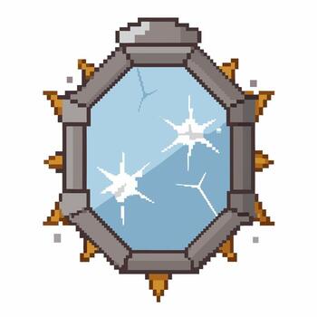 Pixel Art Broken Mirror with Cracks and Metallic Frame in Retro Game Style vector