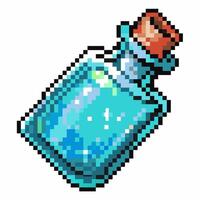 Pixel art blue potion bottle with cork stopper, vintage retro game object, digital pixelated elixir icon illustration vector