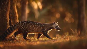 African Civet Walks Gracefully Through Golden Light in a Serene Forest Setting During the Late Afternoon photo
