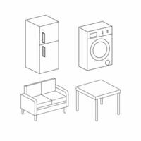 Line Art of Household Furniture and Appliances Fridge, Washing Machine, Sofa, and Table vector