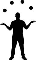 Silhouette of a Person Juggling Four Black Balls Against White Background vector