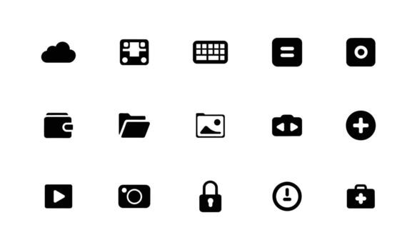 moderno usuario interfaz icono colección conjunto sólido negro símbolos para digital diseño, incluso nube informática, teclado aporte, billetera, carpeta, cámara y más blanco antecedentes vector